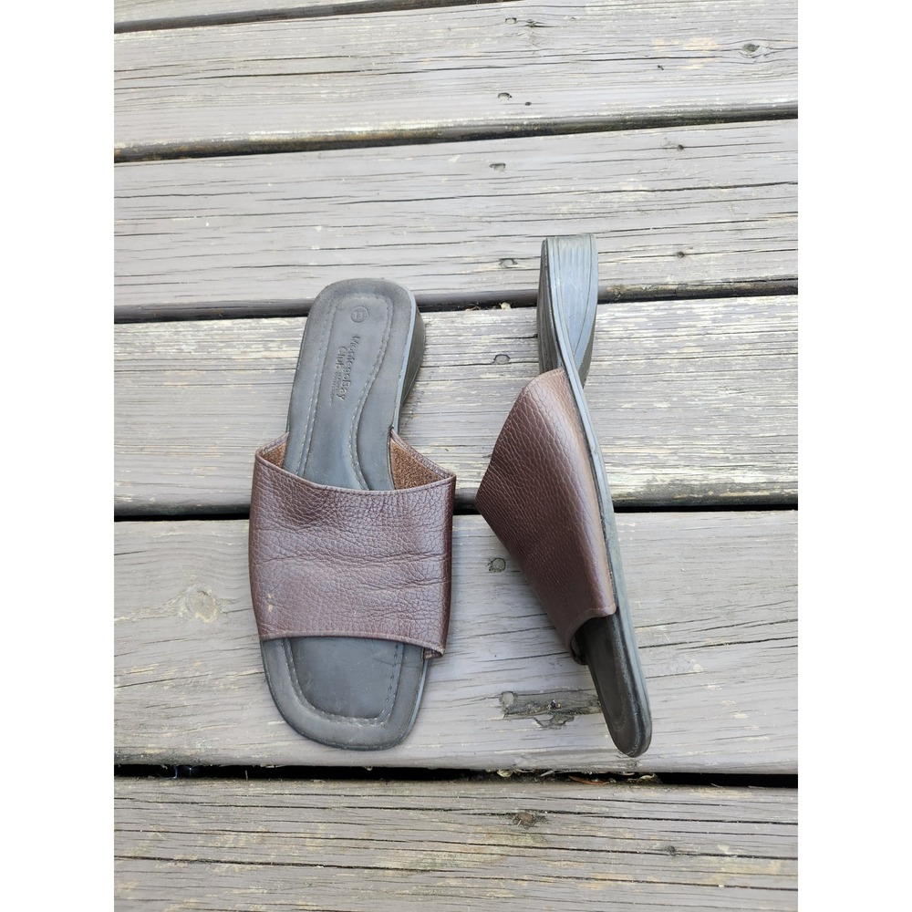 Vintage 90s y2k Montego Bay Club Leather Slide Sandals Brown Square Toe Wedge 11